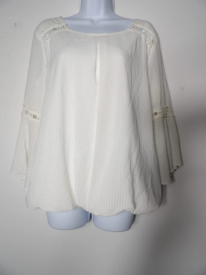 AB Studio Large Tunic Top White Boho Bell Sleeve Eyelet Lined Pleated Hippie Pea - Image 2 of 4
