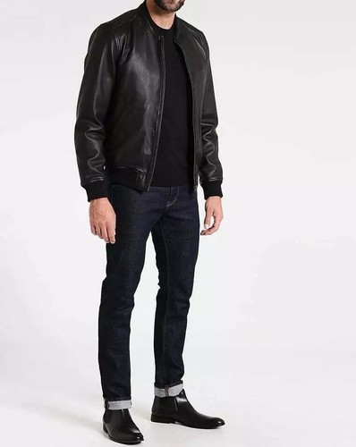 New Men's Black Collar Ribbed Jacket 100% Real Lambskin Causal Slim Fit Jacket - Picture 2 of 5