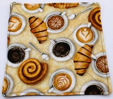 Handmade Plate Cozy – Coffee & Pastry Print, Reversible Cotton Holder with Swirl