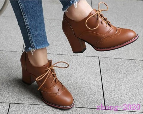 Women's Block Heels Lace Up Carved Oxfords Work Dress Party Casual College Shoes - Picture 6 of 13
