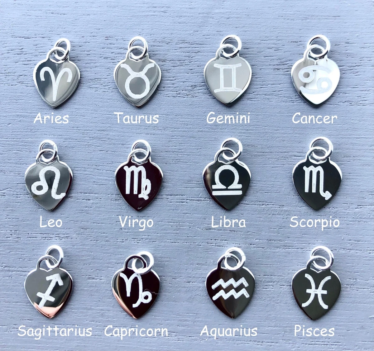 ZODIAC STAR SIGN HEART TAG CHARM 925 STERLING SILVER Dangle clip FREE ENGRAVING