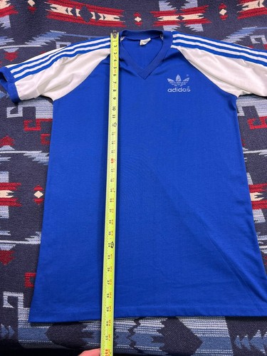 VTG 70s 80s ADIDAS TREFOIL LOGO V Neck Ringer Soccer Blue USA MADE T Shirt M/L - Picture 6 of 8