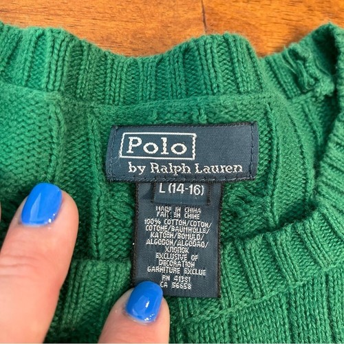 Polo Ralph Lauren green cable knit long sleeve sweater Crewneck size large 14-16 - Picture 2 of 4