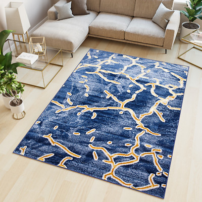 Teppich Kurzflor Modern Dunkelblau Gold Abstrakt 3D Optik Design Wohnzimmer
