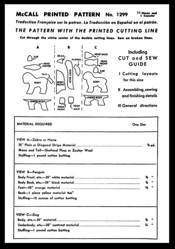 1299 McCall Stoffmuster 4 Stofftier Spielzeug ZEBRA - PFERD PINGUIN HUND Handwerk - Bild 2 von 2