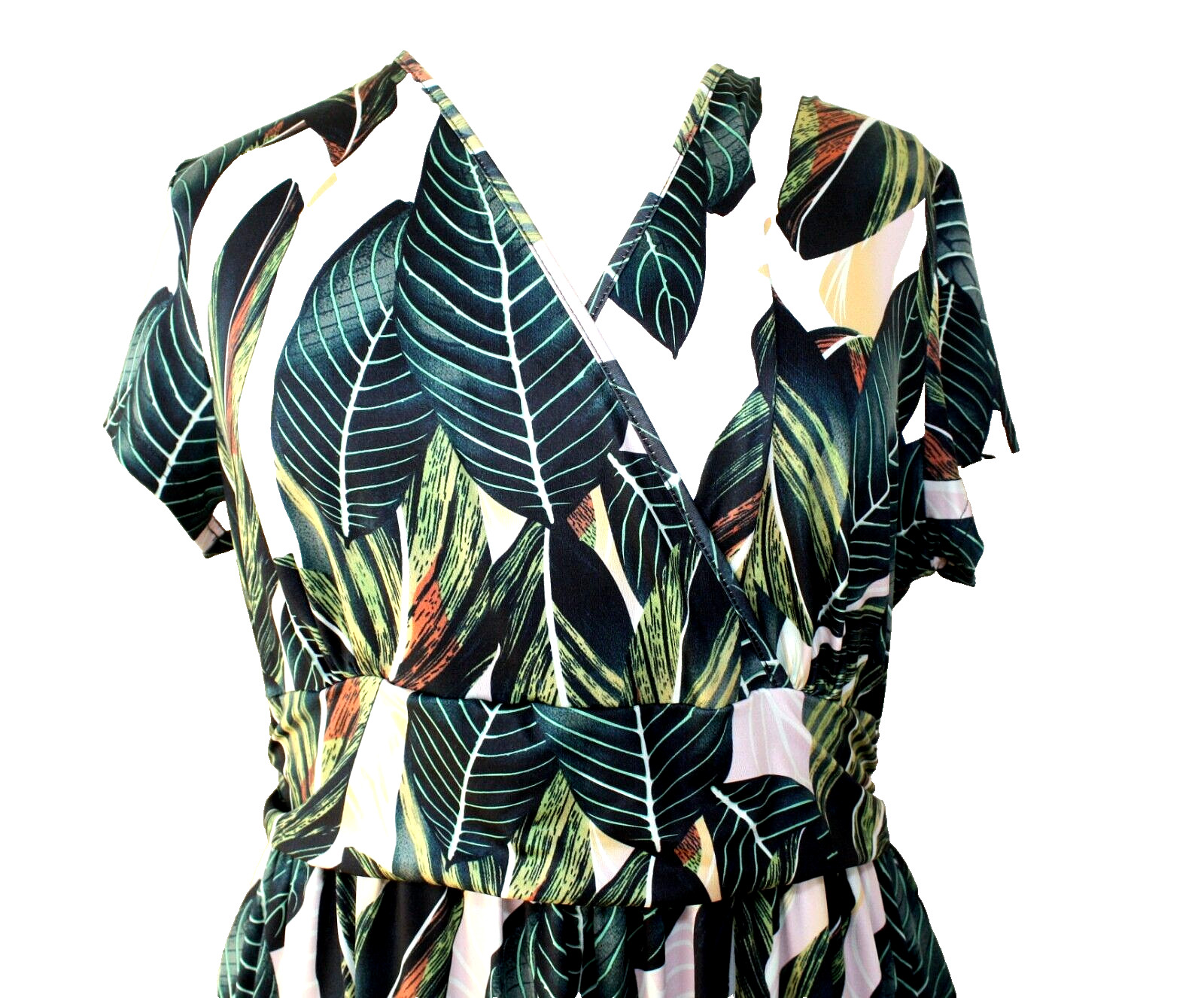 OUGES Casual BOHO Dress SS White Green Tropical L… - image 2