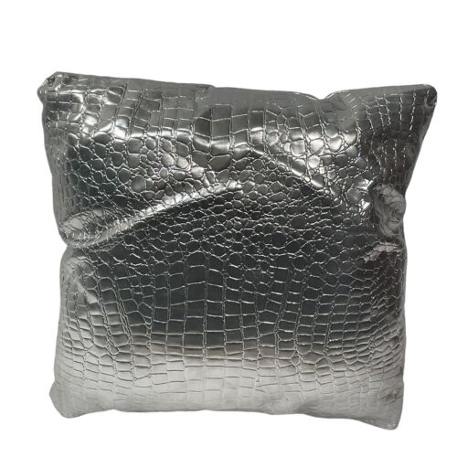 Silver Metallic Faux Leather Crocodile Throw Pillow 18" x 18" w/Insert - Picture 2 of 3