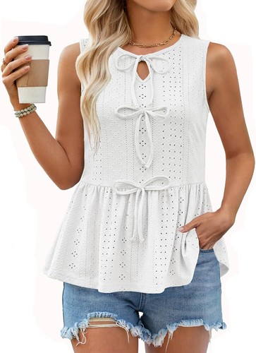 Women Summer Eyelet Peplum Tank Top Sleeveless Babydoll Blouse Bow Tie Flowy Y2K - Picture 12 of 12