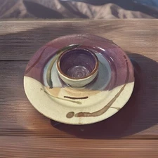 Hand Thrown Studio Art Pottery Chip and Dip Service Platter Artist Signed