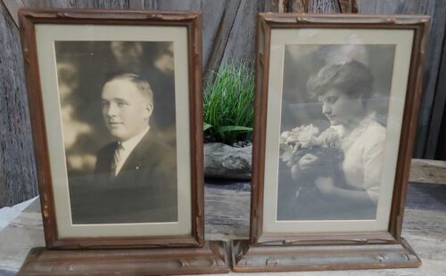 2 Vintage Art Deco Wooden Frame Photo Man Woman Ornate