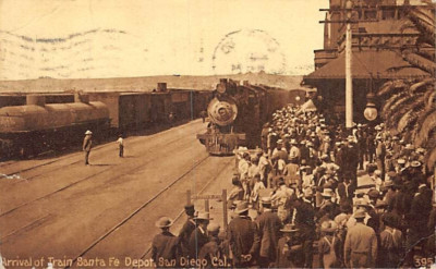 Postcard CA: Train Arrival, Santa Fe Depot, San Diego, California 1911 Photo