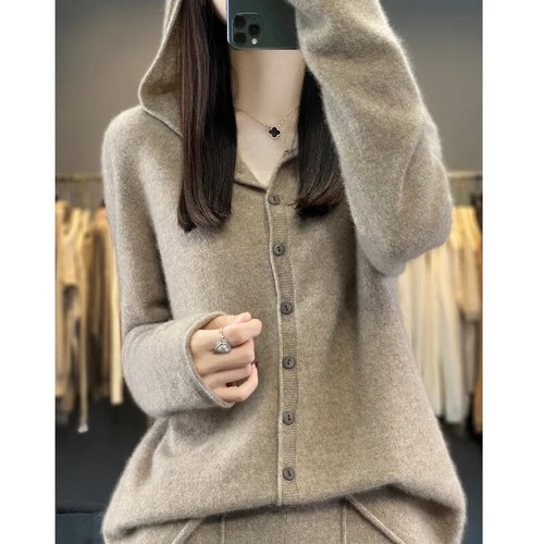 Women 100% Merino Wool Hooded Cardigan Autumn/Winter Long Sleeve Hooded Sweater - Bild 25 von 30