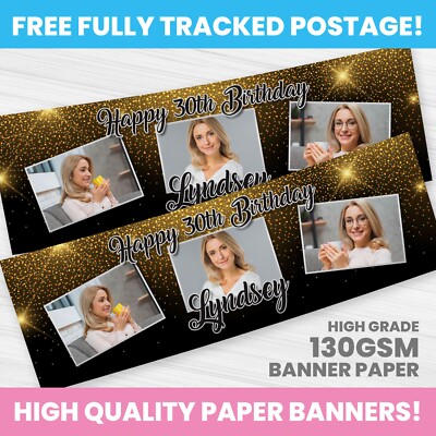 PERSONALISED PHOTO BIRTHDAY BANNER ANY NAME PARTY DECORATION GOLD GLITTER