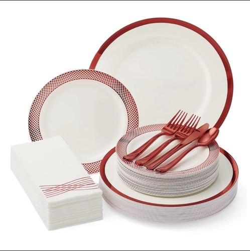 By Madee: Heavyweight Red Plastic Plates Disposable Dinnerware Set 175 PCS fo...