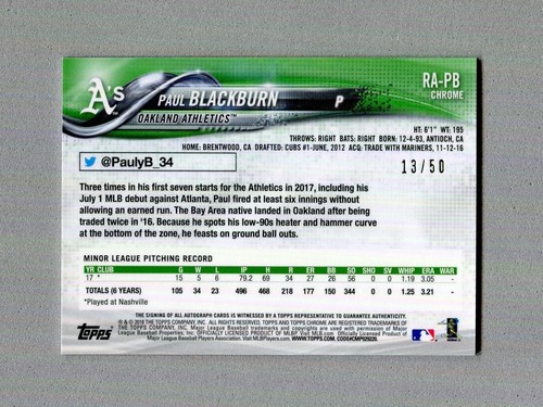 2018 Topps Chrome Gold Wave Refractor Rookie Auto Paul Blackburn #RA-PB 13/50 - Bild 2 von 2
