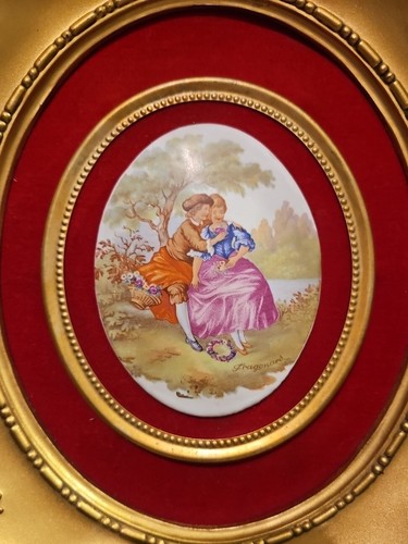 3 Vint Porcelain Cameo Velvet Gold Plastic Frame Wall Hanging Courting Couple - Picture 8 of 16
