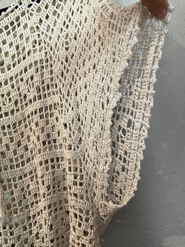 Beige Full Crochet Top Batwing Cropped wide neck Open Knit Cotton One Size - Picture 6 of 10