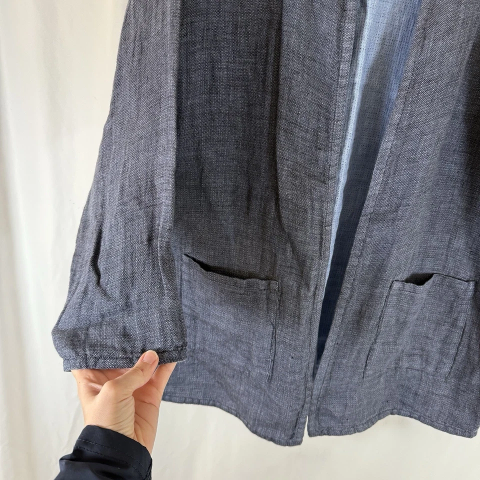 Eileen Fisher Jacket Womens PM Petite Medium Blue Irish Linen Pockets Open Front - Image 4 of 4
