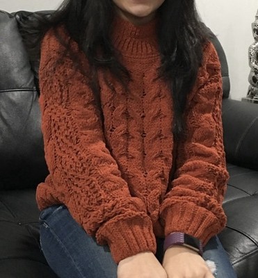 It's Our Time Women's Rust Orangey Brown Cable Knit Mock Neck Pullover Sweater S