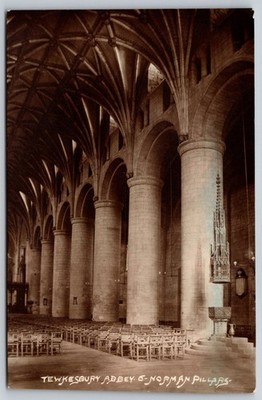 Tewkesbury Abbey Interior Norman Pillars RPPC W. A. Call Cambria Series D260