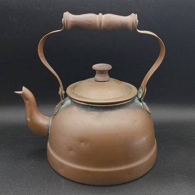 Vintage Copper Teapot Tea Pot Kettle Wooden Handle Lid Made In Portugal 