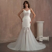 Customized Sexy Mermaid Wedding Dress with Spaghetti Strap Applique Bride Gown