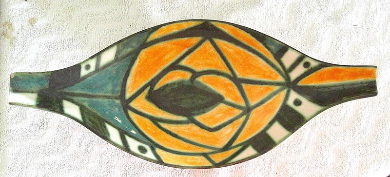 Vintage Geza Gorka Hungarian Pottery Footed Centerpiece Dish Orange Blue Black