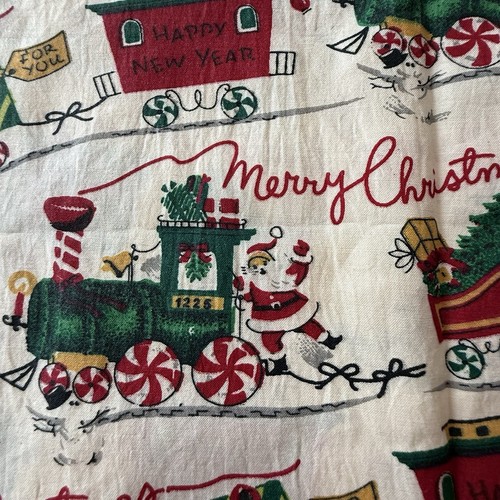 1960/ 70s Santa Merry Christmas Happy New Year Ivory Fabric VTG Holiday 3 Yards
