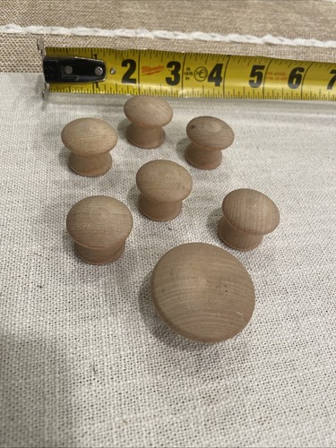 Vintage Salvaged Round Wooden Drawer Door Knobs Pulls - Lot Of 7