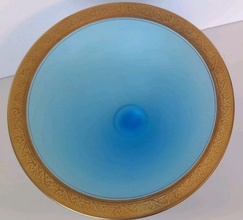 Vintage Tiffin Sky Blue Satin Glass Minton Gold Band Trim Compote 9 1/2" x 6" - Picture 5 of 8
