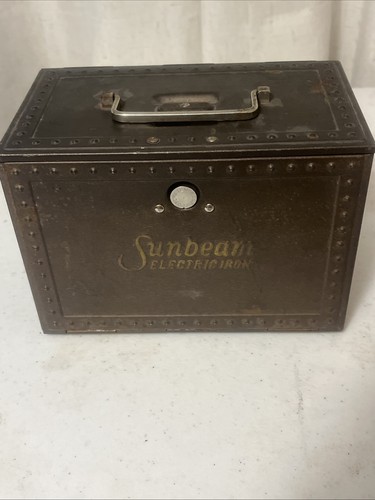 Vintage Sunbeam Electric Iron With Original Embossed Metal Fireproof Case Box