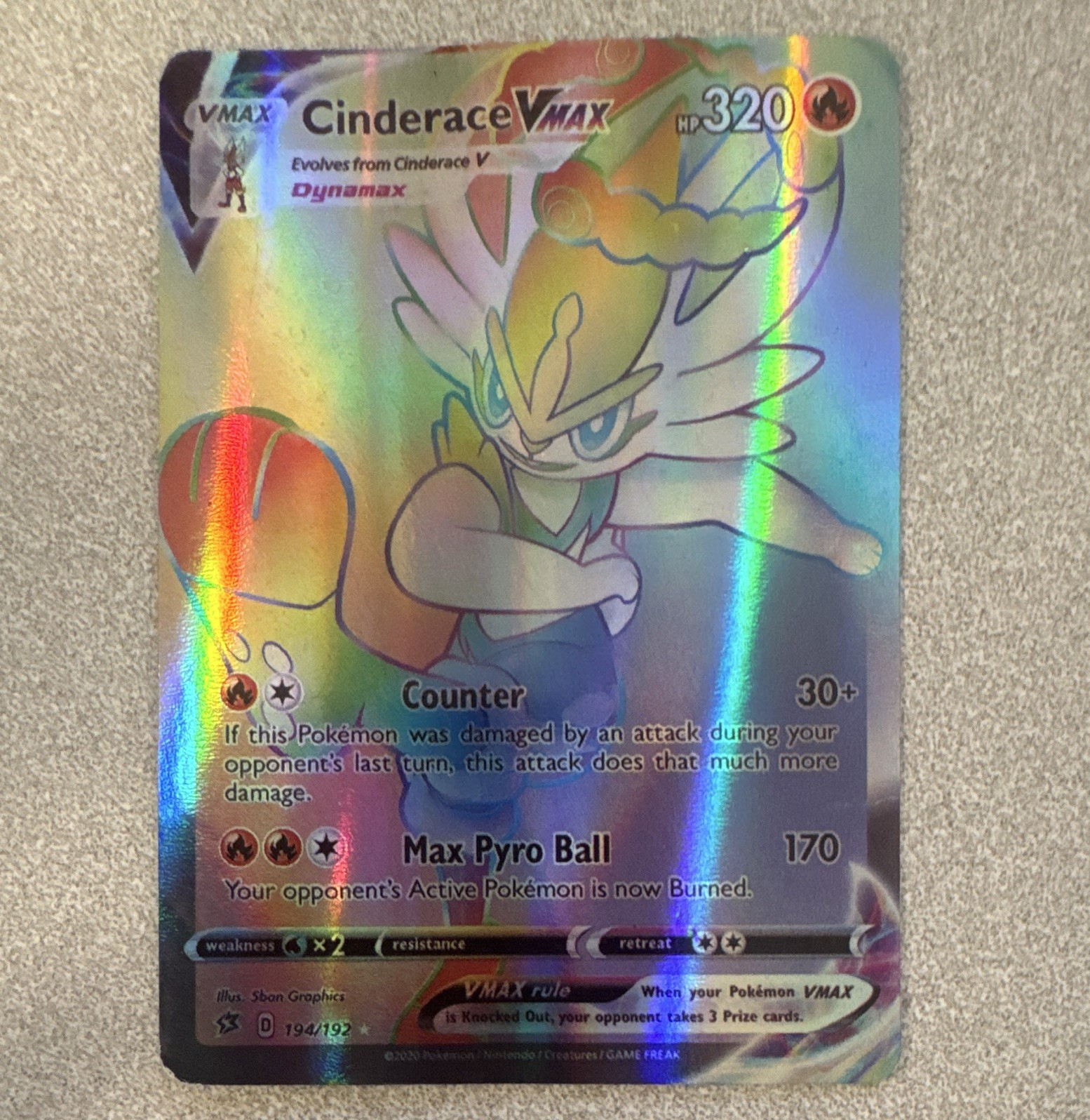 Pokemon TCG Cinderace VMAX (Secret) 194/192 Rebel Clash Holo Eng HP 320