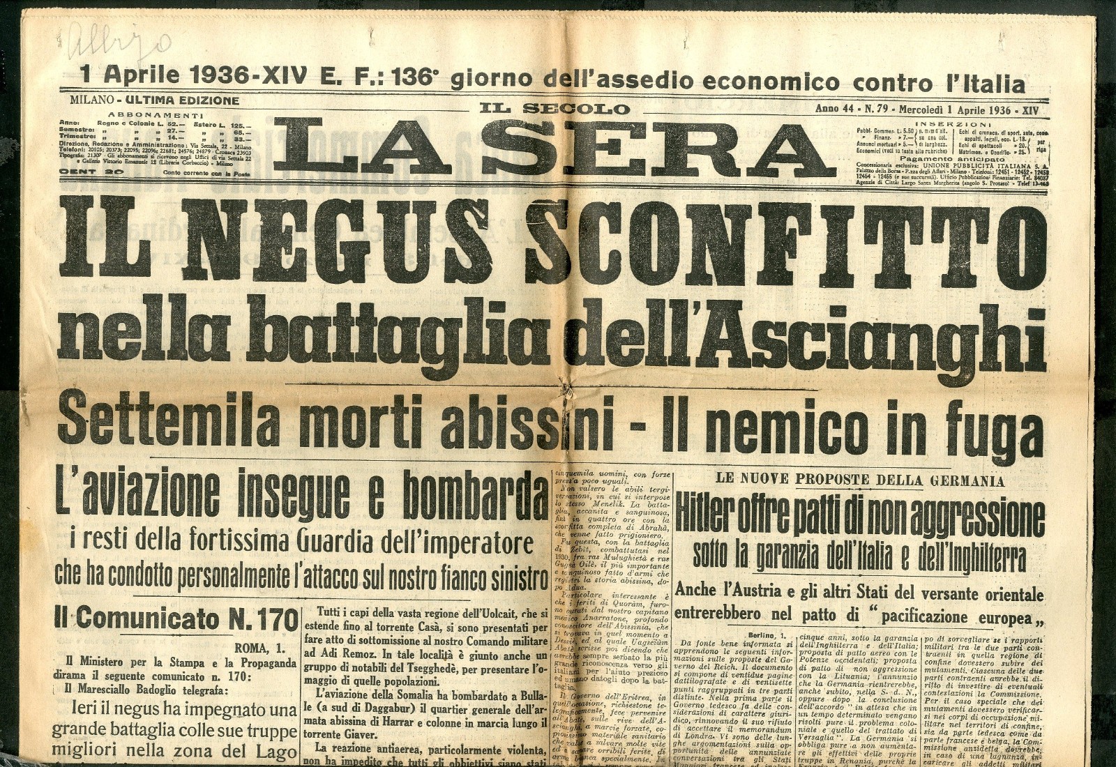 Giornale LA SERA 1936 Guerra D' Africa Il Negus Sconfitto Hiltler g 204