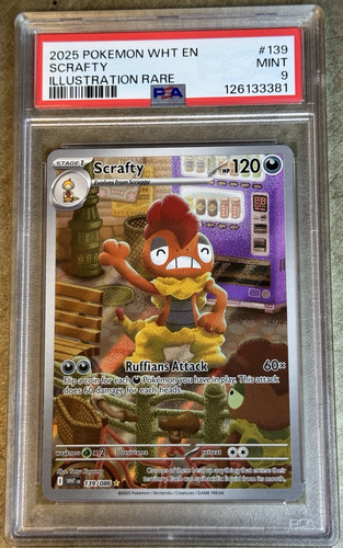 2025 POKÉMON WHITE FLARE EN SCRAFTY ILLUSTRATION RARE #139 💎 PSA 9