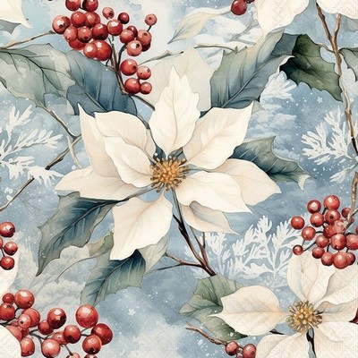 20 Servietten Winter Poinsettia Weißer Weihnachtsstern Beeren Advent 33x33cm