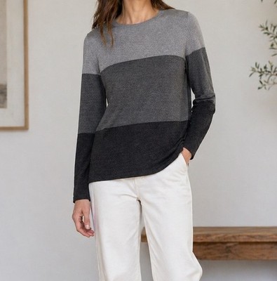 Eileen Fisher 100% Merino Wool Sweater Gray Colorblock Stripe Size S Petite