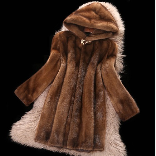 Winter Womens Mink Fur Coats Hooded Mid Long Faux Mink Fur Overcoat Fashion Warm - Picture 3 of 9