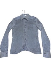 1990s RARE Giorgio Armani Iridescent Metallic Blue Striped Ruffled Shirt Vintage