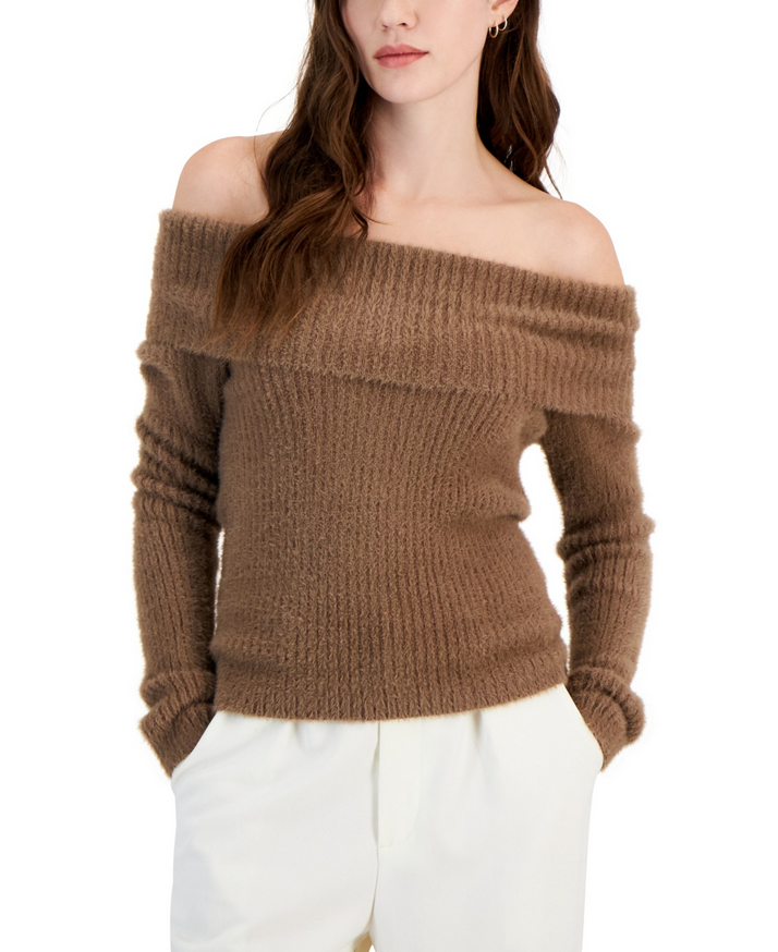 Hippie Rose Juniors Eyelash Knit Off the Shoulder Sweater Coco Ash L