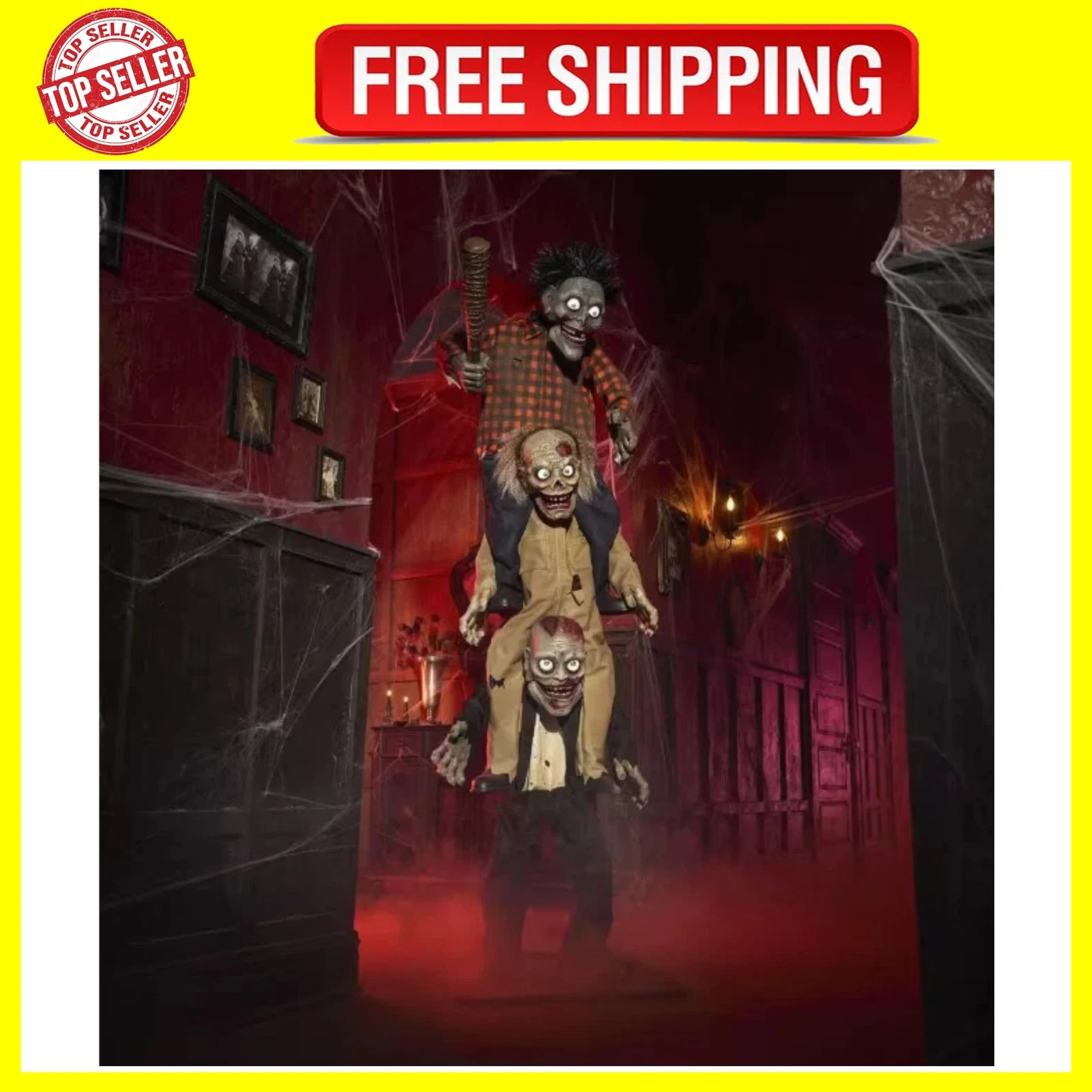 7.5 Ft ANIMATED TRIO ZOMBIE STACK HALLOWEEN ANIMATRONIC PROP