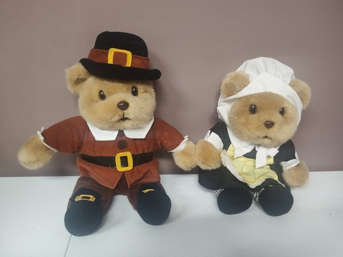 Vintage Plush Fall Thanksgiving Pilgrim Bear Lot Couple Gibson Greetings 1997 - Picture 1 of 11