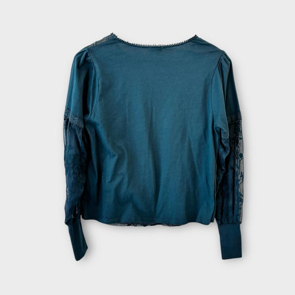 Tiny Anthropologie Boho Bordado Mujer Top Verde azulado Talla L Gasa Manga Transparente Foto 2 de 4