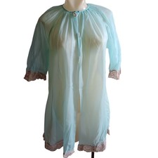 Peignoir Robe Small 1OF1 Vintage 60's Sheer Aqua Blue With Lace Trim Satin Bows