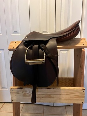 saddle, brown, stirrups, spring tree, English, lightly used, unbranded, 16 inch