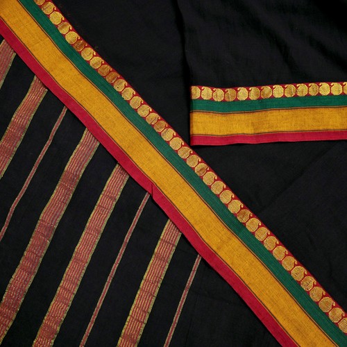 Vintage Sari Black Pure Cotton Hand Woven Sarees Craft Fabric 6yd Ethnic Zari - Picture 7 of 24