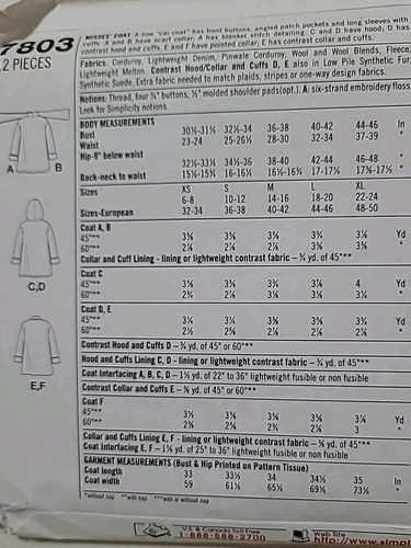 Schnittmuster Simplicity 7803 A Linie Automantel fehlt Größe L und XL - Bild 3 von 3