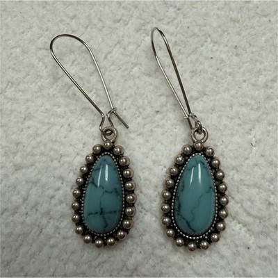 Silver Tone Turquoise Oval Bezel Dangle/Drop Hook Earrings Beaded Border