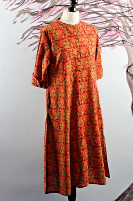 utsa Kurta Orange Green Marigold Print with Pockets Adjustable Sleeves size L - Image 1 of 4
