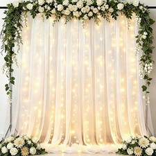 2 PCS 5x10 FT White Tulle Sheer Backdrop Curtain 300 LED String Light Wedding
