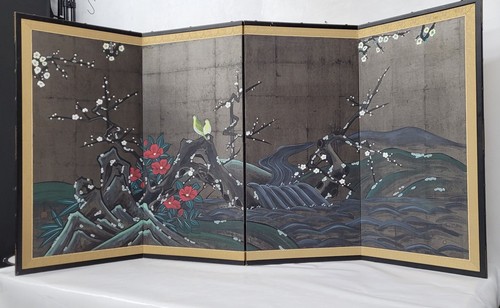 Divisorio schermo asiatico vintage pittura seta arte da parete da appendere 4 pannelli 72"W x 36"H - Foto 4 di 14
